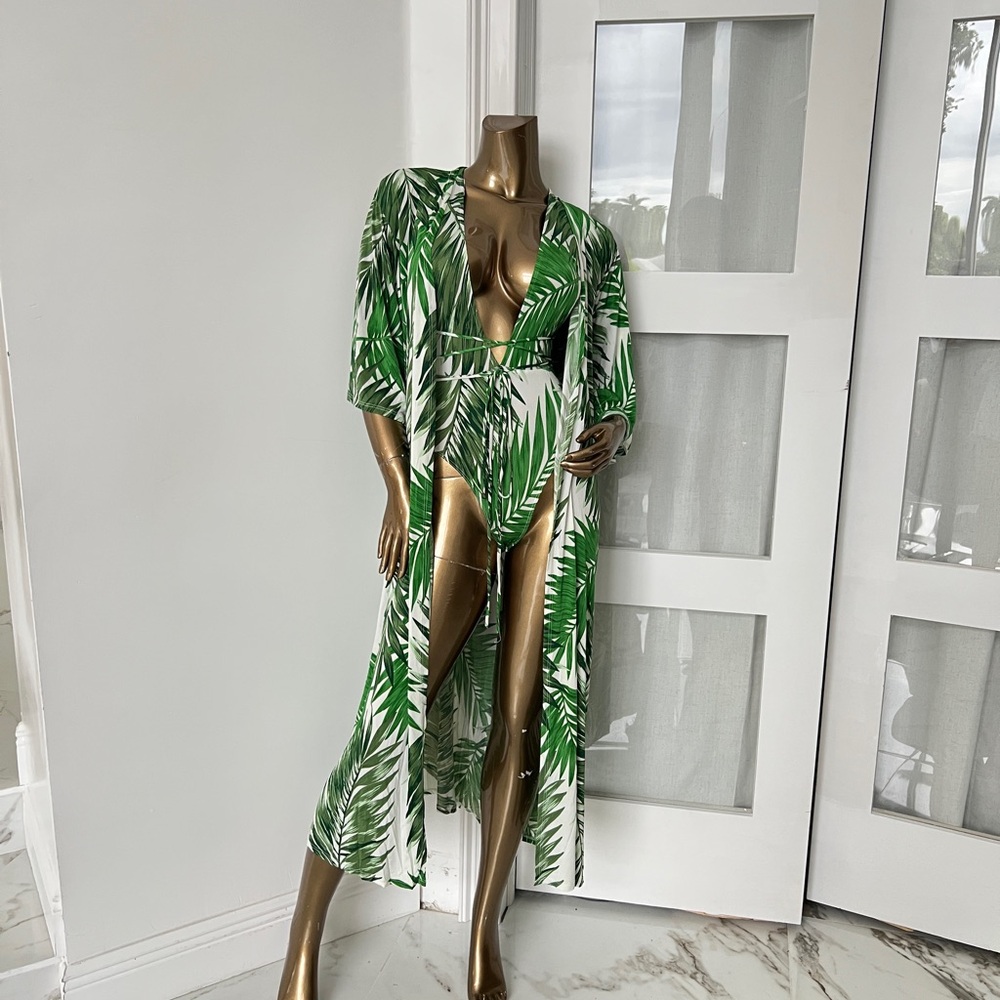 Brand New Green Leaf Print Swimsuit with Cover-Up